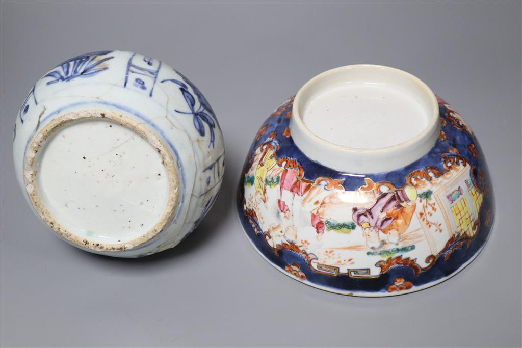 A Chinese late Ming blue and white kendi and an 18th century Chinese Mandarin bowl, bowl 20cm diameter